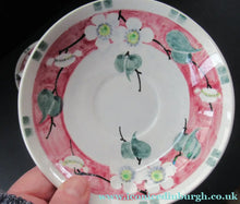 Load image into Gallery viewer, Antique Scottish Pottery Bough. Cup and Saucers &amp; Side Plate. Pink Prunus
