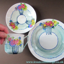 Load image into Gallery viewer, 1920s Scottish Pottery Trio Cup Saucer Side Plate Mak Merry Floral Pattern Daisy

