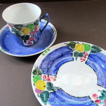 Load image into Gallery viewer, 1920s Scottish Pottery Mak Merry Trio. Blue with Fruit and Flowers
