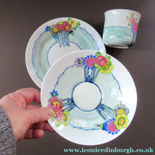 Load image into Gallery viewer, 1920s Scottish Pottery Trio Cup Saucer Side Plate Mak Merry Floral Pattern Daisy
