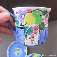 Load image into Gallery viewer, 1920s Scottish Pottery Mak Merry Trio. Blue with Fruit and Flowers
