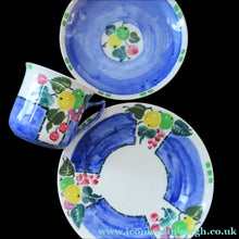 Load image into Gallery viewer, 1920s Scottish Pottery Mak Merry Trio. Blue with Fruit and Flowers
