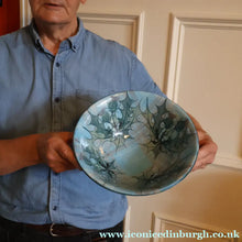 Load image into Gallery viewer, HUGE Scottish TAIN POTTERY Glenaldie Harvest Stoneware Bowl. With Hand Painted Plaid and Thistles Decoration. 10 1/4 inches diameter
