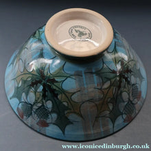 Load image into Gallery viewer, HUGE Scottish TAIN POTTERY Glenaldie Harvest Stoneware Bowl. With Hand Painted Plaid and Thistles Decoration. 10 1/4 inches diameter
