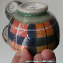 Load image into Gallery viewer, SCOTTISH POTTERY. Vintage Tain Pottery SET OF THREE Smaller Stoneware Pottery with Hand Painted Buchanan Tartan Pattern
