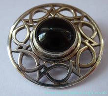 Load image into Gallery viewer, SCOTTISH SILVER Brooch. Stylish Geometric Design with Central Onyx or Dark Agate Stone. EDINBURGH Hallmark - Scottish
