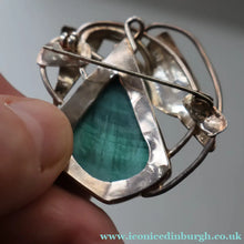 Load image into Gallery viewer, Scottish Silver Designer Brooch with Malachite Inclusion by Sheana M. Stephen. Edinburgh MILLENNIUM Hallmark
