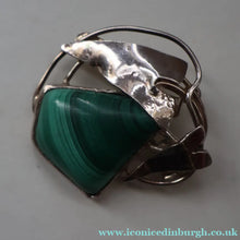 Load image into Gallery viewer, Scottish Silver Designer Brooch with Malachite Inclusion by Sheana M. Stephen. Edinburgh MILLENNIUM Hallmark
