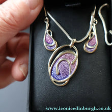 Load image into Gallery viewer, Scottish Silver. Vintage Silver and Lilac Enamel Elements Ortak Pendant and Earrings Set. Boxed - Scottish Silver
