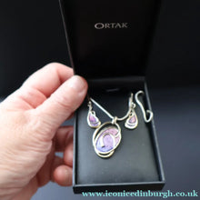 Load image into Gallery viewer, Scottish Silver. Vintage Silver and Lilac Enamel Elements Ortak Pendant and Earrings Set. Boxed - Scottish Silver

