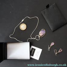 Load image into Gallery viewer, Scottish Silver. Vintage Silver and Lilac Enamel Elements Ortak Pendant and Earrings Set. Boxed - Scottish Silver
