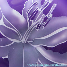 Load image into Gallery viewer, Scottish Studio Glass Amethyst Glass Shallow Bowl with Etching Lily Flower Julie Linstead
