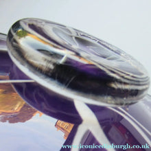 Load image into Gallery viewer, Scottish Studio Glass Amethyst Glass Shallow Bowl with Etching Lily Flower Julie Linstead
