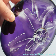 Load image into Gallery viewer, Scottish Studio Glass Amethyst Glass Shallow Bowl with Etching Lily Flower Julie Linstead
