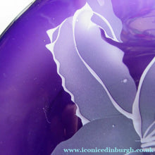 Load image into Gallery viewer, Scottish Studio Glass Amethyst Glass Shallow Bowl with Etching Lily Flower Julie Linstead
