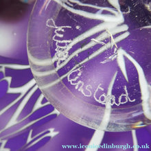 Load image into Gallery viewer, Scottish Studio Glass Amethyst Glass Shallow Bowl with Etching Lily Flower Julie Linstead
