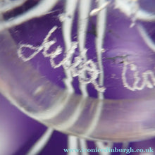 Load image into Gallery viewer, Scottish Studio Glass Amethyst Glass Shallow Bowl with Etching Lily Flower Julie Linstead
