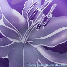 Load image into Gallery viewer, Scottish Studio Glass Amethyst Glass Shallow Bowl with Etching Lily Flower Julie Linstead
