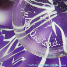 Load image into Gallery viewer, Scottish Studio Glass Amethyst Glass Shallow Bowl with Etching Lily Flower Julie Linstead
