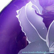 Load image into Gallery viewer, Scottish Studio Glass Amethyst Glass Shallow Bowl with Etching Lily Flower Julie Linstead
