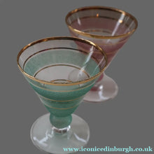 Load image into Gallery viewer, Selection of 1950s Harlequin Footed Drinking / Cocktail Glasses. Conical Shape with Frosted Pastel Stripes and Gold Gilt Embellishments
