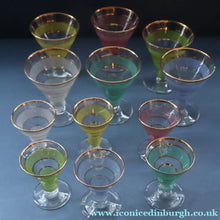 Load image into Gallery viewer, Selection of 1950s Harlequin Footed Drinking / Cocktail Glasses. Conical Shape with Frosted Pastel Stripes and Gold Gilt Embellishments
