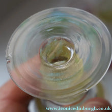 Load image into Gallery viewer, Selection of 1950s Harlequin Footed Drinking / Cocktail Glasses. Conical Shape with Frosted Pastel Stripes and Gold Gilt Embellishments
