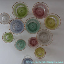 Load image into Gallery viewer, Selection of 1950s Harlequin Footed Drinking / Cocktail Glasses. Conical Shape with Frosted Pastel Stripes and Gold Gilt Embellishments
