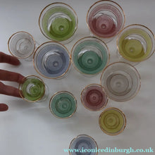 Load image into Gallery viewer, Selection of 1950s Harlequin Footed Drinking / Cocktail Glasses. Conical Shape with Frosted Pastel Stripes and Gold Gilt Embellishments

