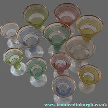 Load image into Gallery viewer, Selection of 1950s Harlequin Footed Drinking / Cocktail Glasses. Conical Shape with Frosted Pastel Stripes and Gold Gilt Embellishments
