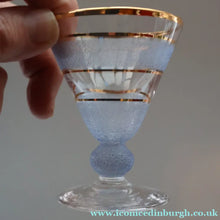 Load image into Gallery viewer, Selection of 1950s Harlequin Footed Drinking / Cocktail Glasses. Conical Shape with Frosted Pastel Stripes and Gold Gilt Embellishments
