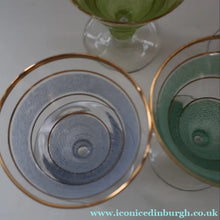 Load image into Gallery viewer, Selection of 1950s Harlequin Footed Drinking / Cocktail Glasses. Conical Shape with Frosted Pastel Stripes and Gold Gilt Embellishments
