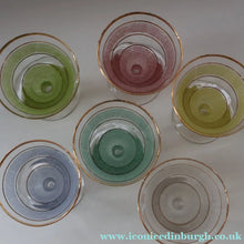 Load image into Gallery viewer, Selection of 1950s Harlequin Footed Drinking / Cocktail Glasses. Conical Shape with Frosted Pastel Stripes and Gold Gilt Embellishments
