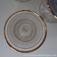 Load image into Gallery viewer, Selection of 1950s Harlequin Footed Drinking / Cocktail Glasses. Conical Shape with Frosted Pastel Stripes and Gold Gilt Embellishments
