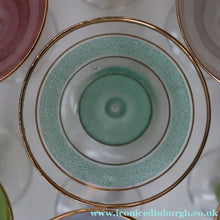 Load image into Gallery viewer, Selection of 1950s Harlequin Footed Drinking / Cocktail Glasses. Conical Shape with Frosted Pastel Stripes and Gold Gilt Embellishments
