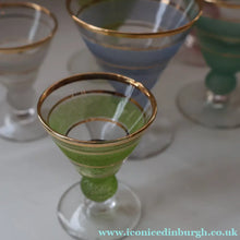 Load image into Gallery viewer, Selection of 1950s Harlequin Footed Drinking / Cocktail Glasses. Conical Shape with Frosted Pastel Stripes and Gold Gilt Embellishments
