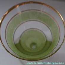 Load image into Gallery viewer, Selection of 1950s Harlequin Footed Drinking / Cocktail Glasses. Conical Shape with Frosted Pastel Stripes and Gold Gilt Embellishments
