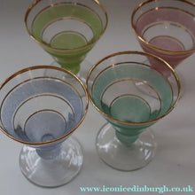 Load image into Gallery viewer, Selection of 1950s Harlequin Footed Drinking / Cocktail Glasses. Conical Shape with Frosted Pastel Stripes and Gold Gilt Embellishments
