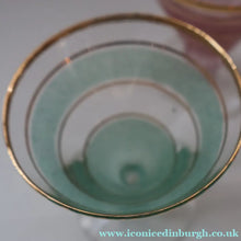 Load image into Gallery viewer, Selection of 1950s Harlequin Footed Drinking / Cocktail Glasses. Conical Shape with Frosted Pastel Stripes and Gold Gilt Embellishments
