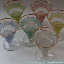 Load image into Gallery viewer, Selection of 1950s Harlequin Footed Drinking / Cocktail Glasses. Conical Shape with Frosted Pastel Stripes and Gold Gilt Embellishments
