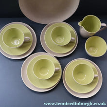 Load image into Gallery viewer, Selection of 1950s Poole Twintone Tablewares LIME GREEN AND SEAGULL. Four Trios, Large Side Plate &amp; Milk and Sugar Jug
