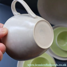 Load image into Gallery viewer, Selection of 1950s Poole Twintone Tablewares LIME GREEN AND SEAGULL. Four Trios, Large Side Plate &amp; Milk and Sugar Jug
