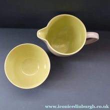 Load image into Gallery viewer, Selection of 1950s Poole Twintone Tablewares LIME GREEN AND SEAGULL. Four Trios, Large Side Plate &amp; Milk and Sugar Jug

