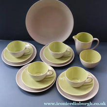 Load image into Gallery viewer, Selection of 1950s Poole Twintone Tablewares LIME GREEN AND SEAGULL. Four Trios, Large Side Plate &amp; Milk and Sugar Jug
