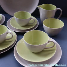 Load image into Gallery viewer, Selection of 1950s Poole Twintone Tablewares LIME GREEN AND SEAGULL. Four Trios, Large Side Plate &amp; Milk and Sugar Jug
