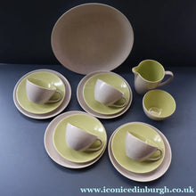 Load image into Gallery viewer, Selection of 1950s Poole Twintone Tablewares LIME GREEN AND SEAGULL. Four Trios, Large Side Plate &amp; Milk and Sugar Jug
