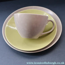 Load image into Gallery viewer, Selection of 1950s Poole Twintone Tablewares LIME GREEN AND SEAGULL. Four Trios, Large Side Plate &amp; Milk and Sugar Jug
