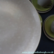Load image into Gallery viewer, Selection of 1950s Poole Twintone Tablewares LIME GREEN AND SEAGULL. Four Trios, Large Side Plate &amp; Milk and Sugar Jug
