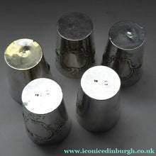 Load image into Gallery viewer, FIVE Antique Pretty RUSSIAN SILVER Vodka Tot Cups or Shot Beakers Rocaille Cartouche

