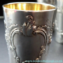 Load image into Gallery viewer, FIVE Antique Pretty RUSSIAN SILVER Vodka Tot Cups or Shot Beakers Rocaille Cartouche
